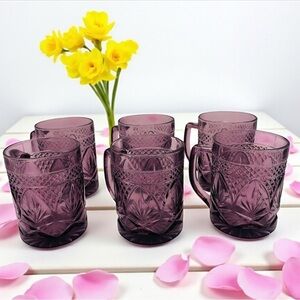 CRIS D'ARQUES LUMINARC ANTIQUE AMETHYST PURPLE GLASS COFFEE MUGS SET OF 6~ 4”